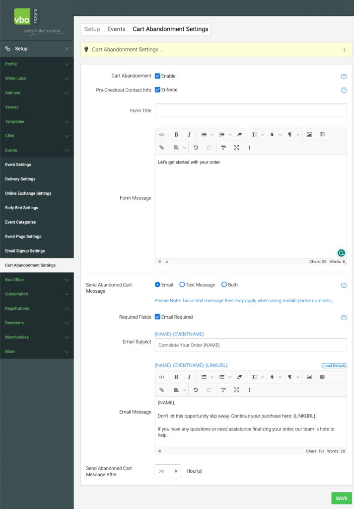 Cart Abandonment Feature Settings VBO Tickets