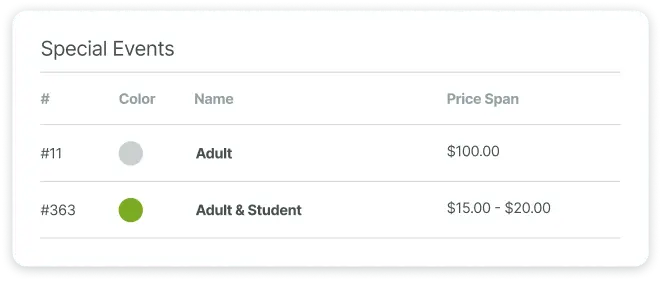 Seating control for Price Groups sub menu.