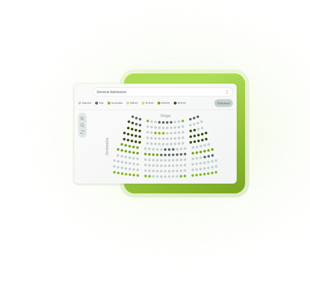 Our exclusive technology shows live, real time seat selection activity on an event seat map, as seats move from available to unavailable, or become available again. Never oversell or duplicate a seat sale again with our real time seat map software.